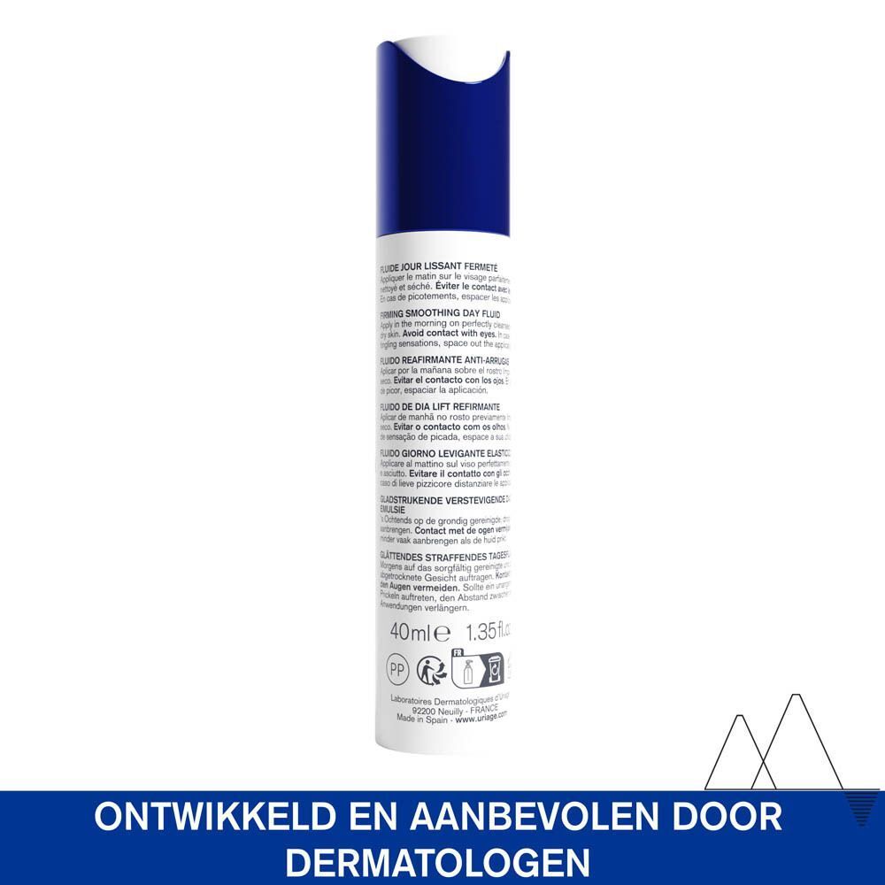 Achterkant van de Uriage Age Lift Fluide Jour Lissant Fermeté fles. Tekst en informatie.