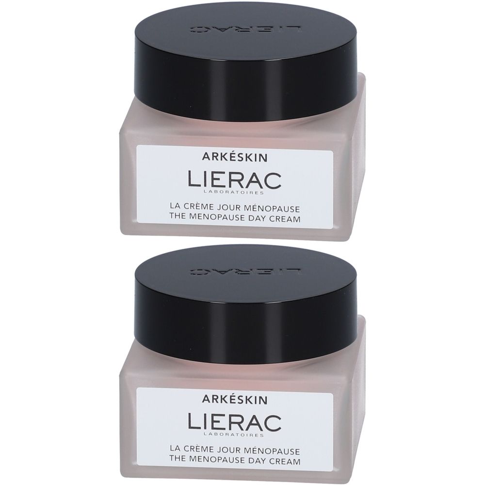 Twee potjes LIERAC Arkéskin La crème jour ménopause. Roze glas, zwarte deksel. Opschrift: Arkéskin, LIERAC, La crème jour ménopause.