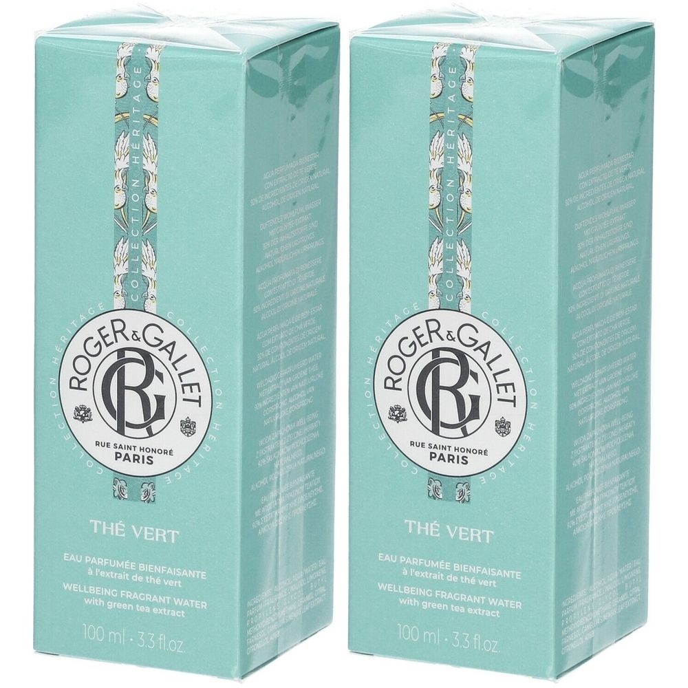 Twee licht turkooizen rechthoekige dozen. Opschrift: Roger & Gallet, Thé Vert. Tekst: Eau Parfumée Bienfaisante, 100 ml.