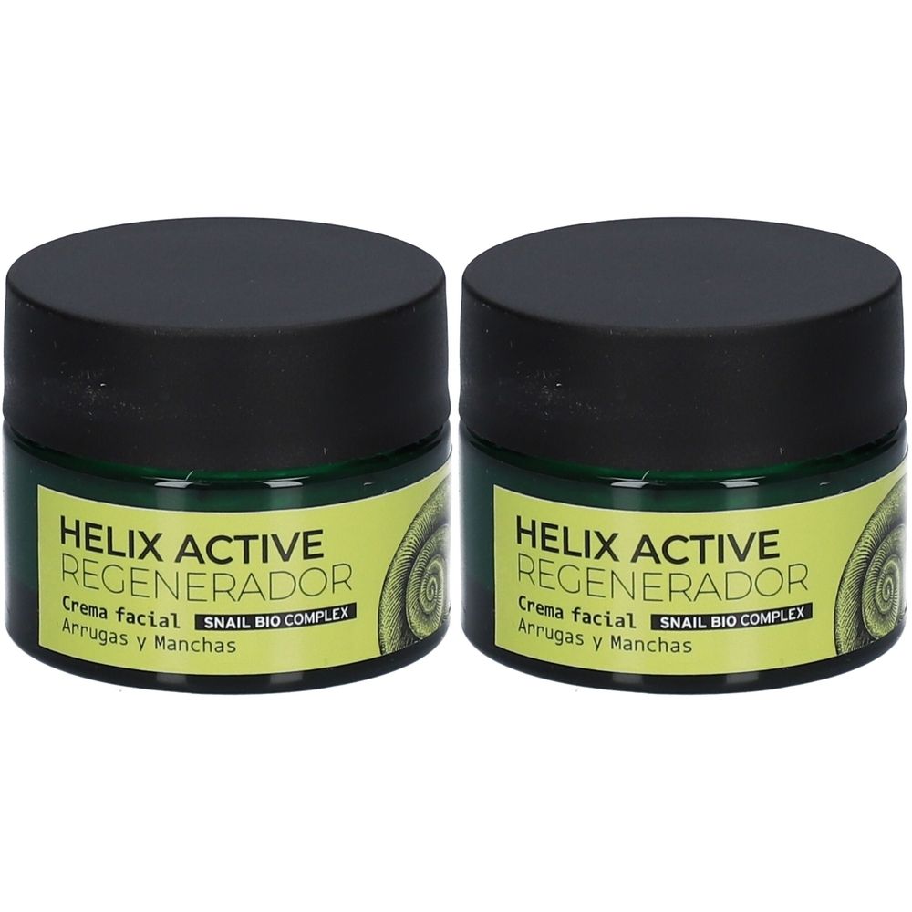 Twee potjes met zwarte deksels en groene etiketten. Op het etiket staat "HELIX ACTIVE REGENERADOR" en "SNAIL BIO COMPLEX".