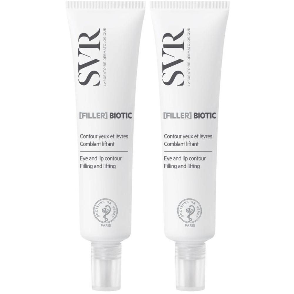 Deux tubes de SVR [Filler] Biotic. Tubes blancs avec texte noir. Nom du produit et description imprimés.