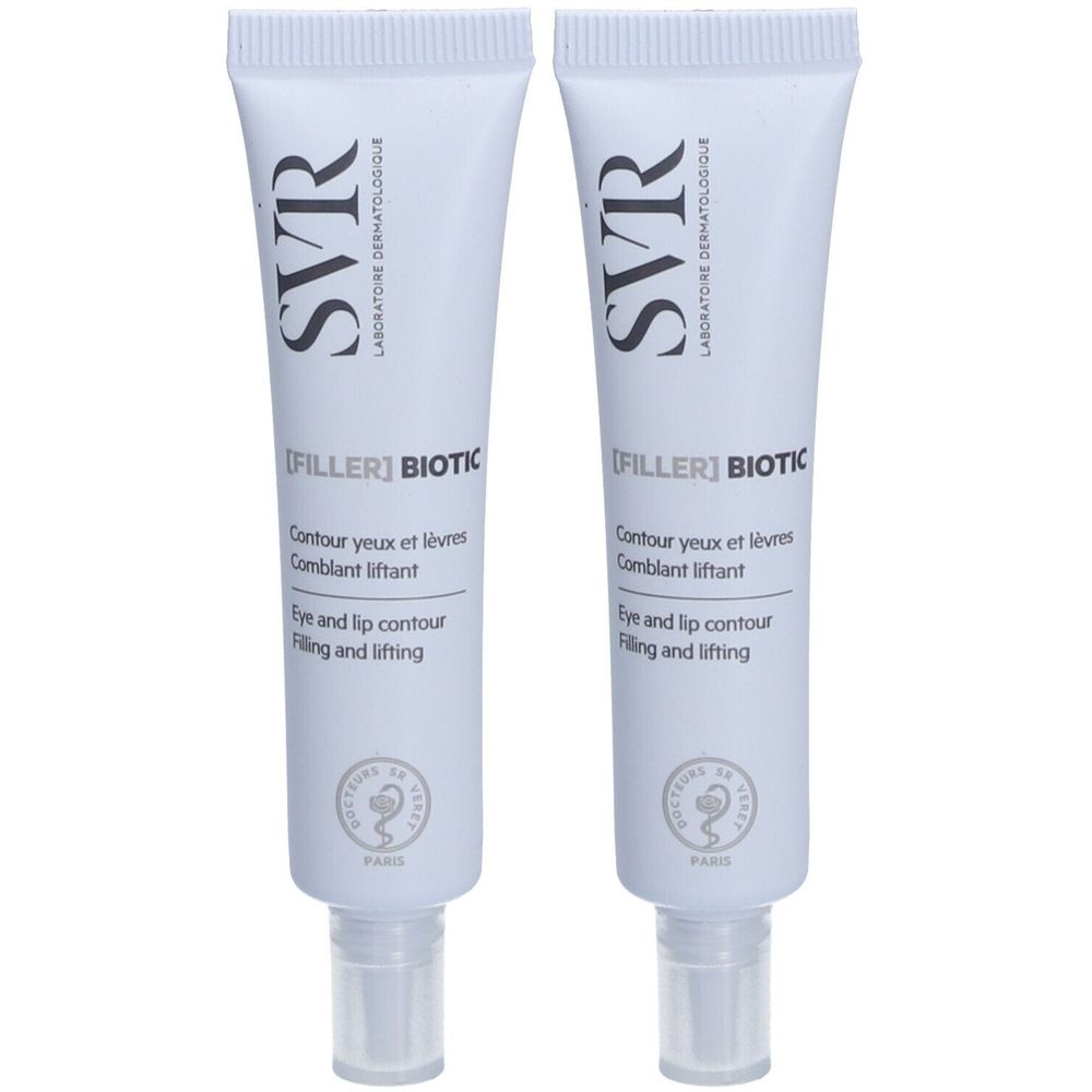 Twee tubes SVR [Filler] Biotic. Witte tubes met zwarte tekst. Productnaam en beschrijving gedrukt.