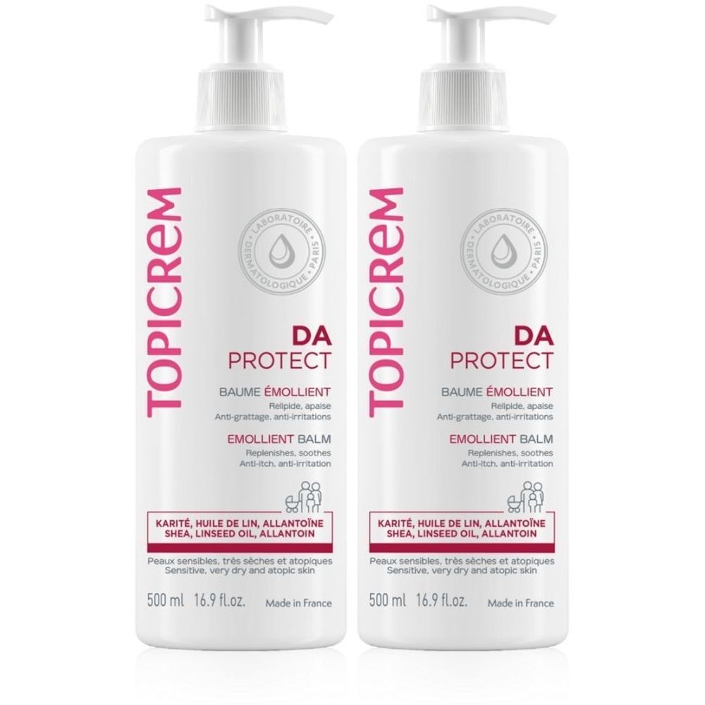 Twee witte flessen met pomp. Opschriften TOPICREM, DA PROTECT, BAUME ÉMOLLIENT. Bevat 500 ml.
