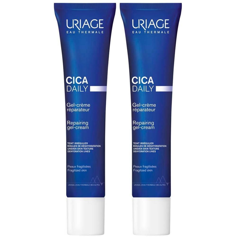 Deux tubes bleus Uriage Cica Daily Gel-Crème. Texte et logo visibles.