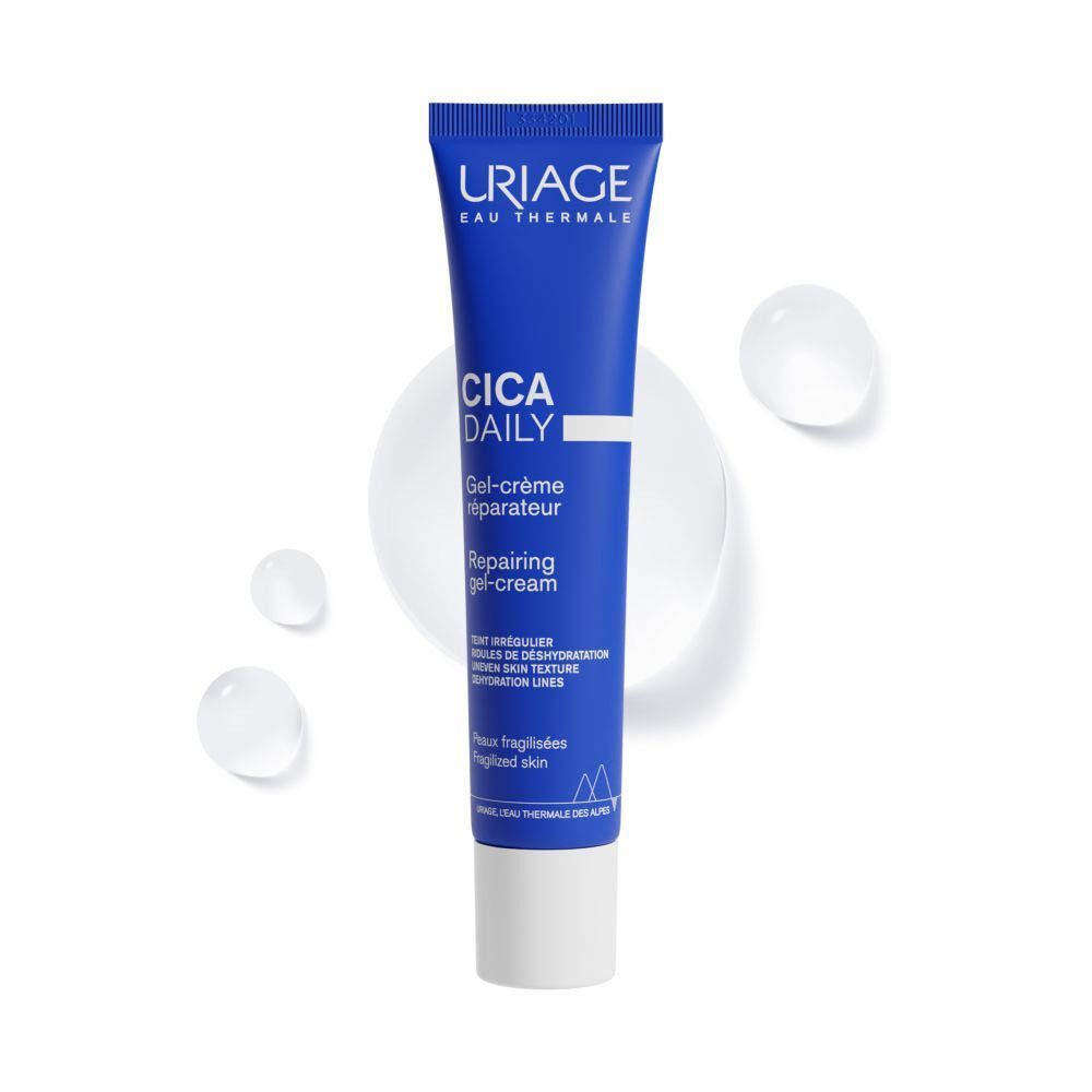 Tube bleu Uriage Cica Daily Gel-Crème. Logo et texte visibles.
