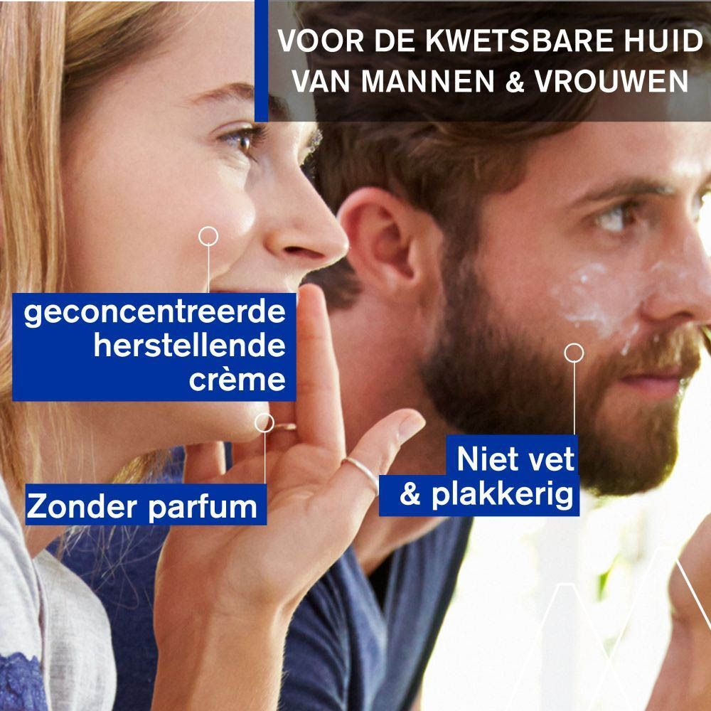Vrouw en man brengen gel-crème aan. Tekst: geconcentreerde herstellende crème, Zonder parfum.