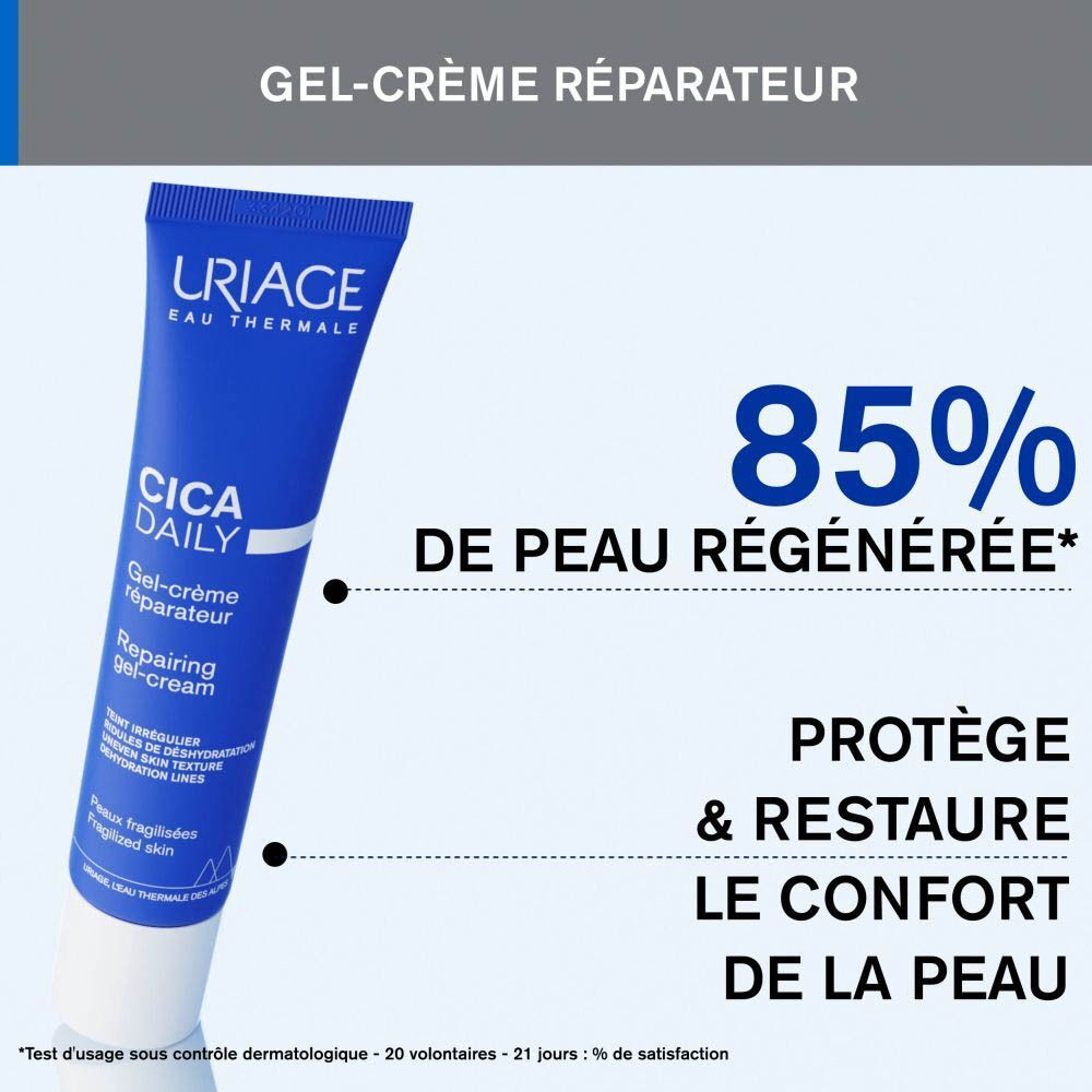 Tube bleu Uriage Cica Daily Gel-Crème. Texte: 85% de peau régénérée, Protège & restaure.