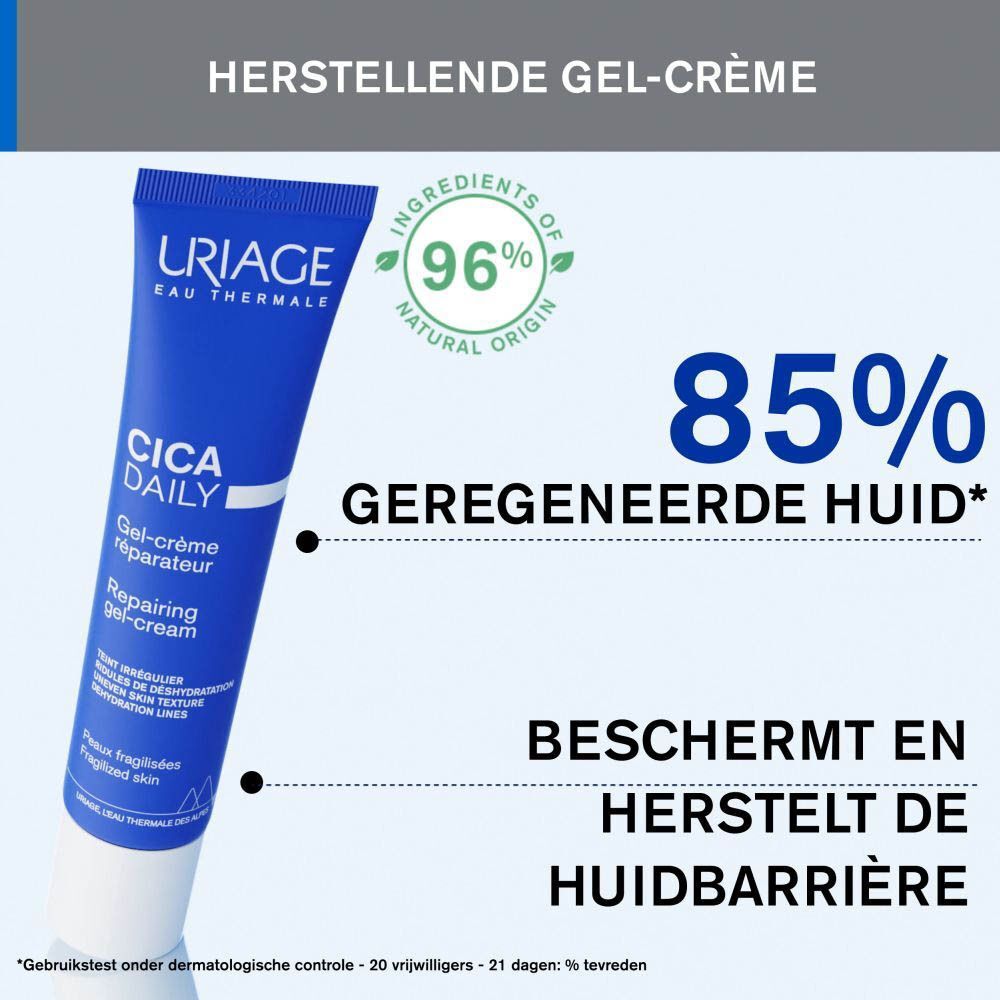 Blauwe tube Uriage Cica Daily Gel-Crème. Tekst: 85% geregenereerde huid, Beschermt en herstelt.