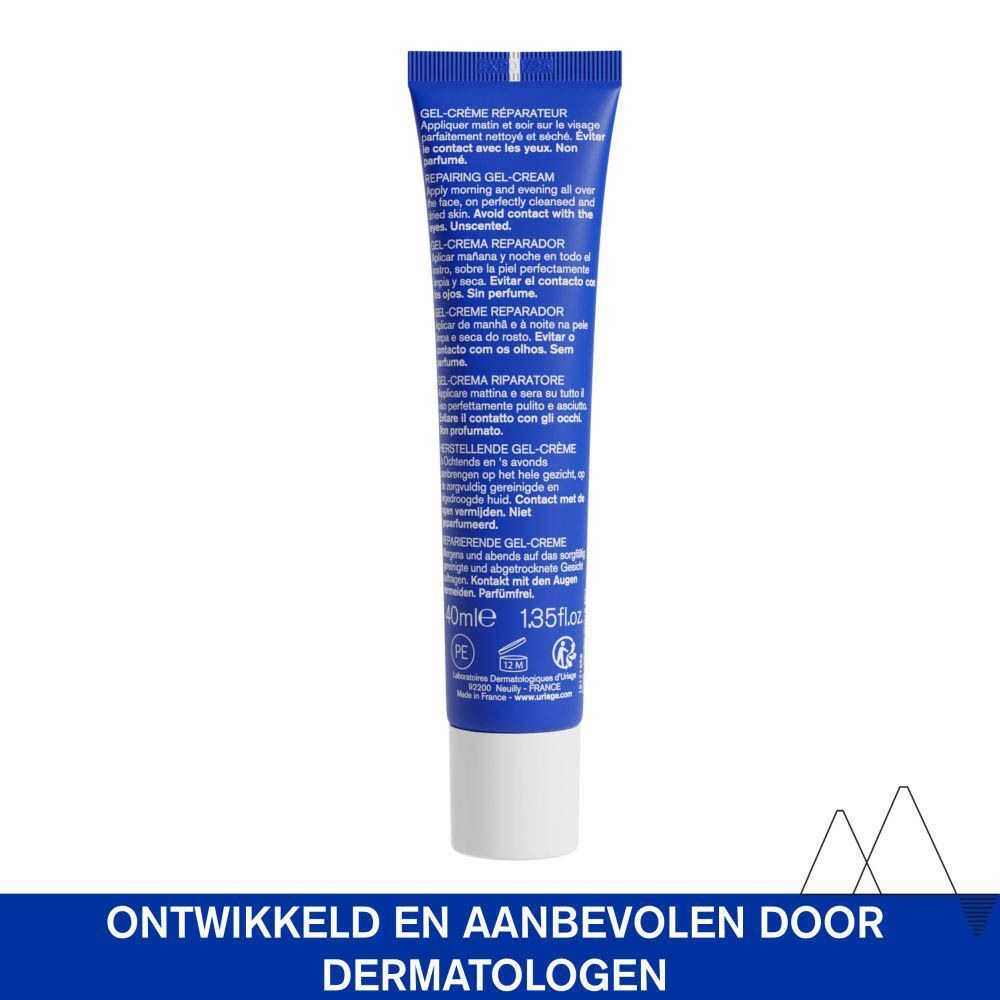 Blauwe tube Uriage Cica Daily Gel-Crème. Tekst en logo zichtbaar.