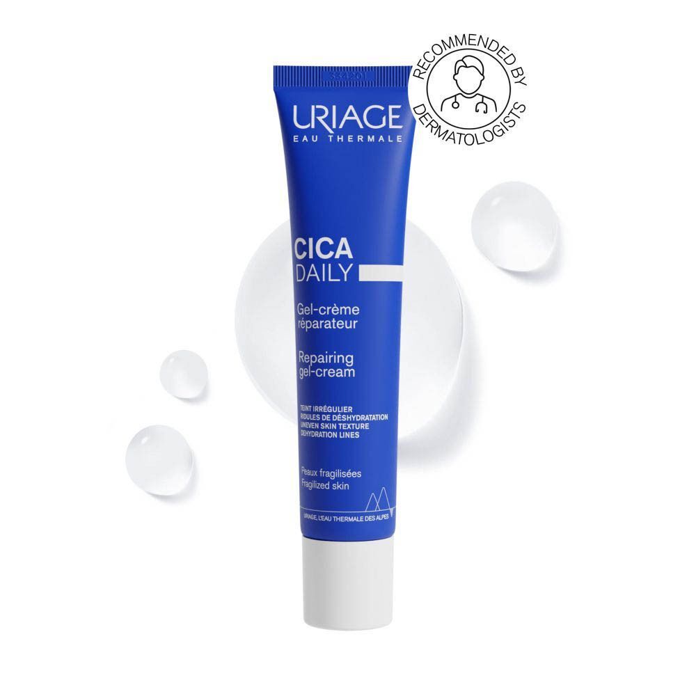Tube bleu Uriage Cica Daily Gel-Crème. Texte et logo visibles. Sceau: Recommandé par dermatologues.