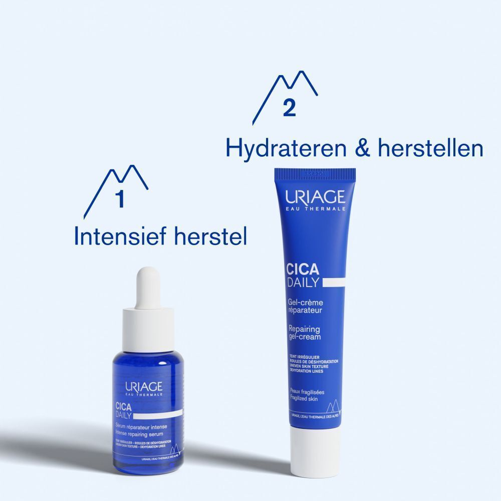 Uriage Cica Daily Sérum et Gel-Crème. Texte: Intensief herstel, Hydrateren & herstellen.