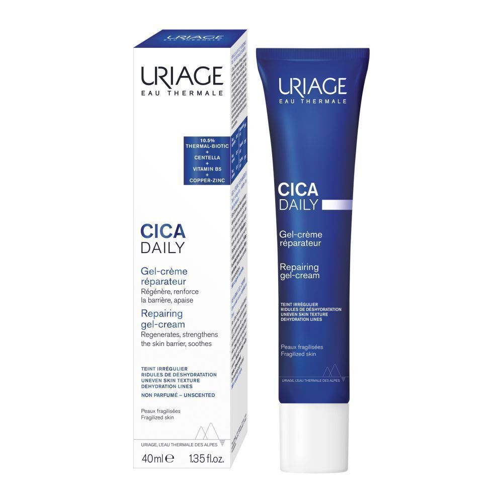 Uriage Cica Daily Gel-Crème et emballage. Texte: 40ml, 1.35 fl.oz.