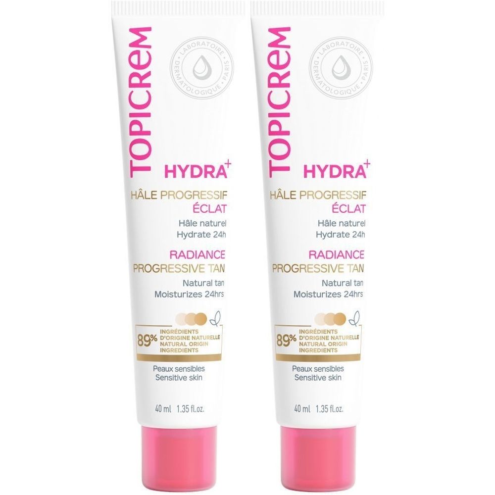 Twee tubes TOPICREM Hydra+ Hâle Progressif Éclat. Witte tubes met roze dop. Tekst: Radiance Progressive Tan.
