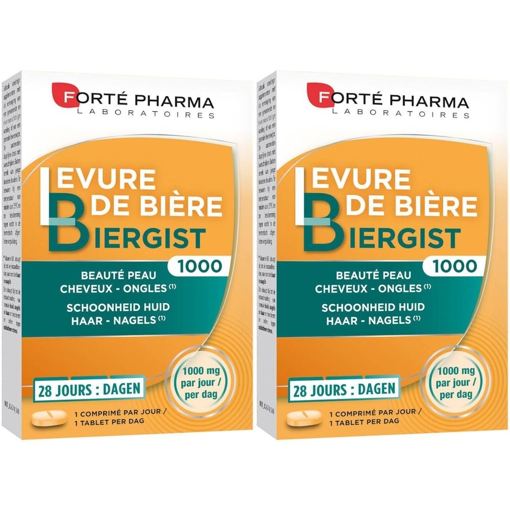 Twee dozen Forté Pharma Levure de bière 1000. Opschrift: Schoonheid huid, haar, nagels. 28 tabletten.