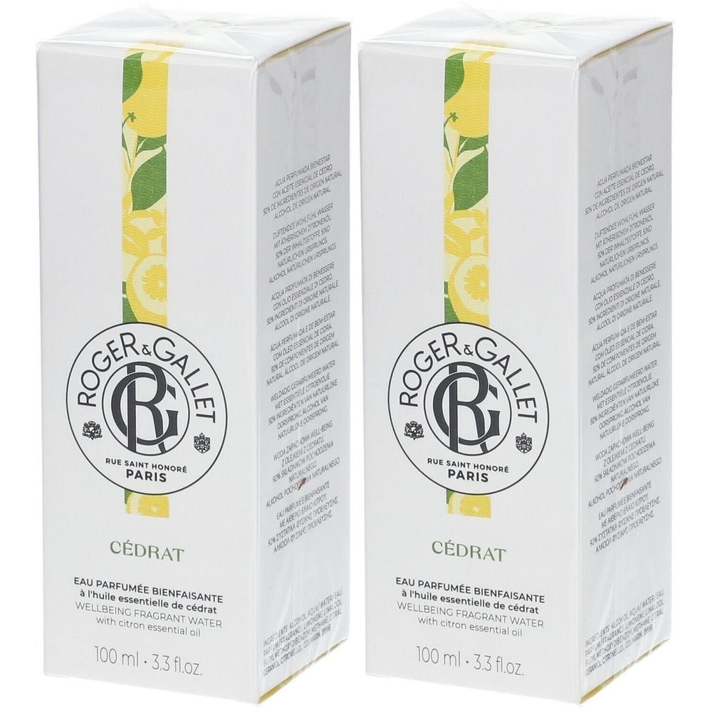 Twee witte dozen met productinformatie. Logo Roger & Gallet. Opschrift: Cédrat, Eau Parfumée Bienfaisante. Met essentiële olie.