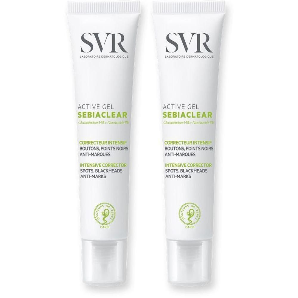 Twee tubes SVR SEBIACLEAR Active Gel. Witte tubes met groene en zwarte tekst. SVR-logo bovenaan.