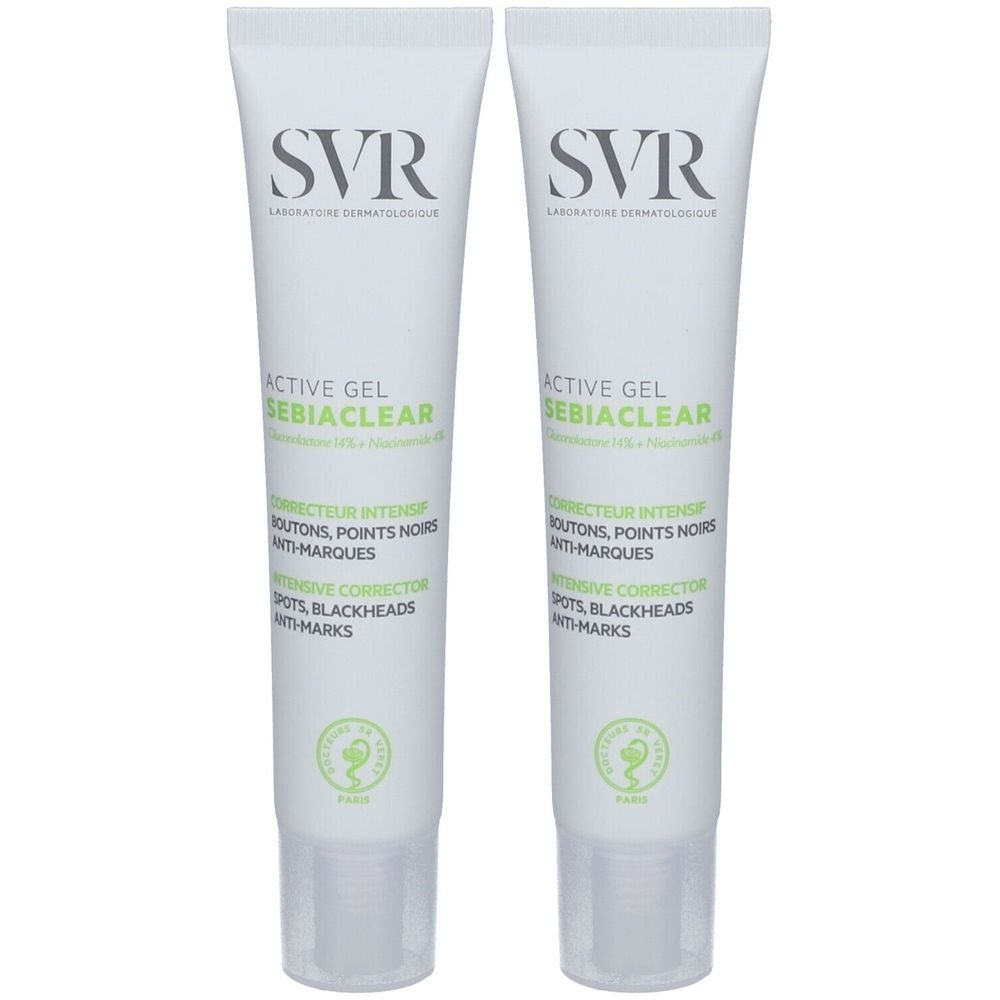 Twee tubes SVR SEBIACLEAR Active Gel. Witte tubes met groene en zwarte tekst. SVR-logo bovenaan.
