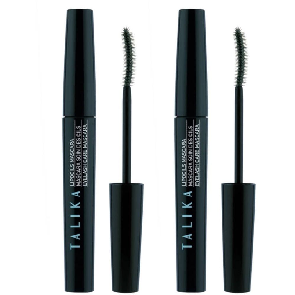Twee zwarte mascara tubes met borstels. Op de tubes staat "TALIKA LIPOCILS MASCARA". 