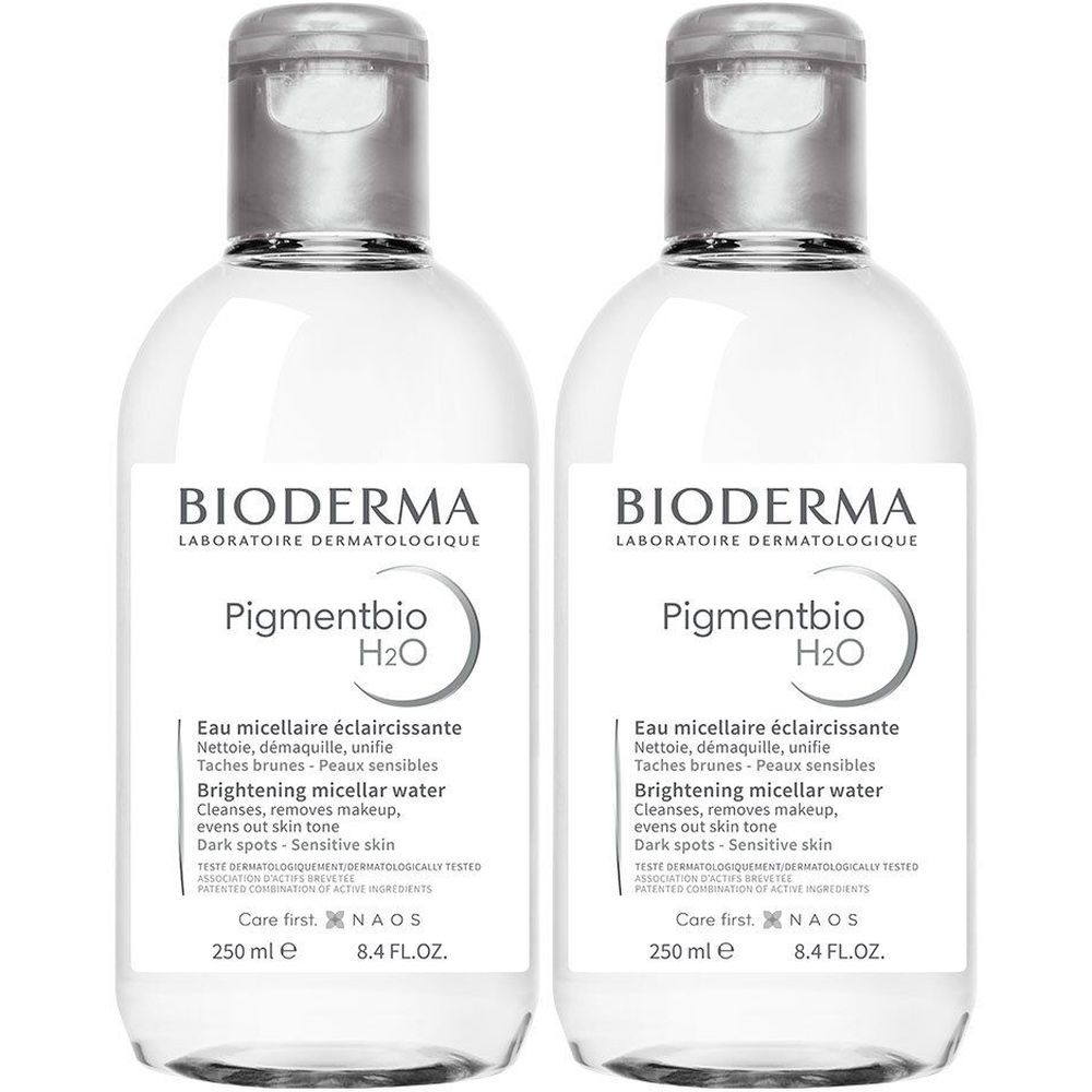 Twee flessen BIODERMA Pigmentbio H2O. Heldere vloeistof, zilveren dop, wit etiket met tekst.