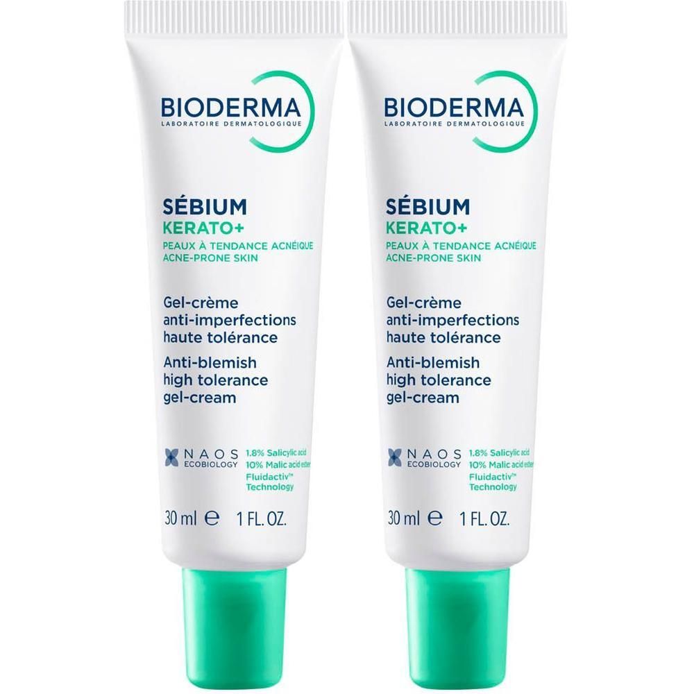 Twee tubes Bioderma Sébium Kerato+ Gel-Crème. Witte tubes met groene tekst en dop. 30 ml.