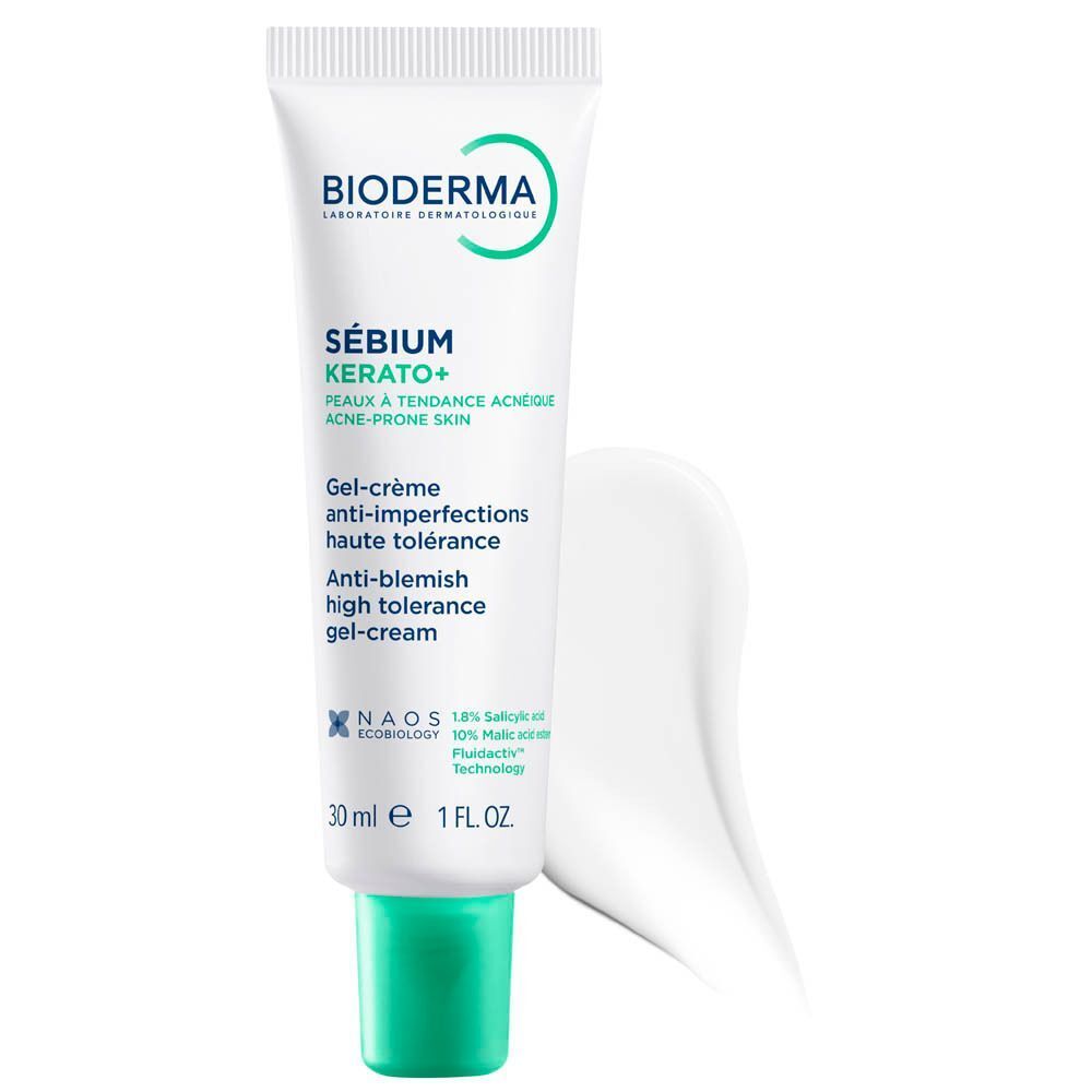 Een tube Bioderma Sébium Kerato+ Gel-Crème. Witte tube met groene tekst en dop. 30 ml. Gel-crème streep.