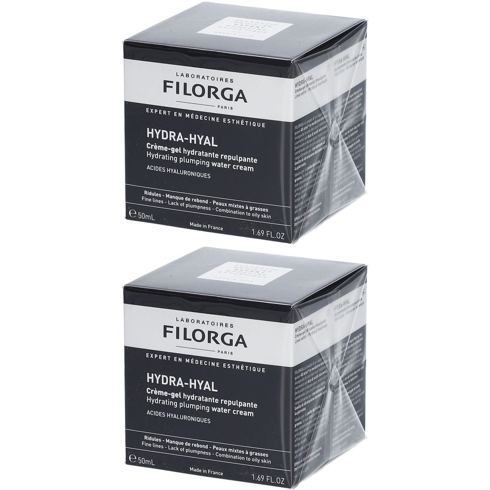 Twee vierkante dozen. Opschrift: FILORGA, HYDRA-HYAL Crème-gel hydratante repulpante. Zwart-witte verpakking.