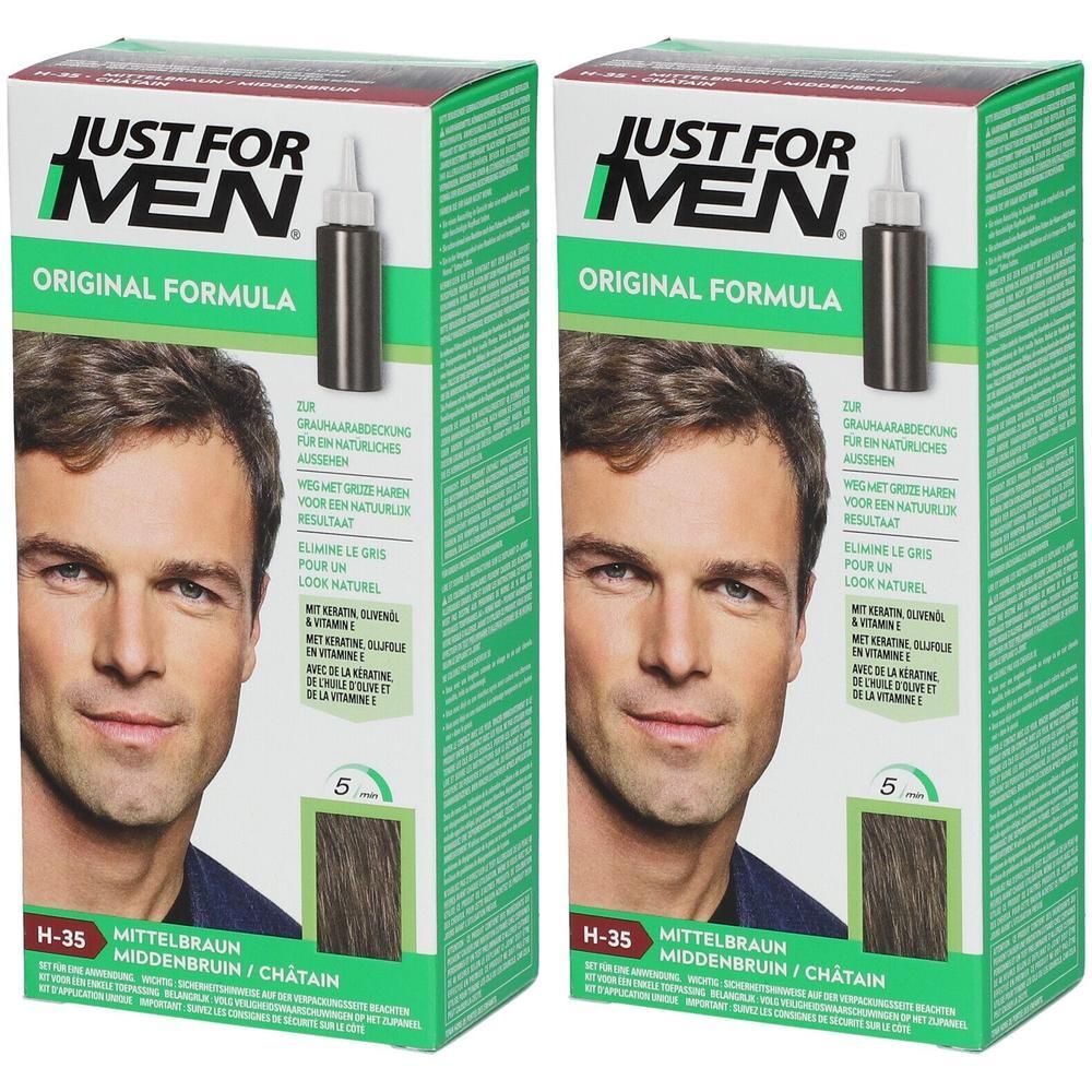 Deux boîtes de JUST FOR MEN shampooing-teintant brun moyen. Emballage vert et blanc avec portrait d'homme et image du produit.