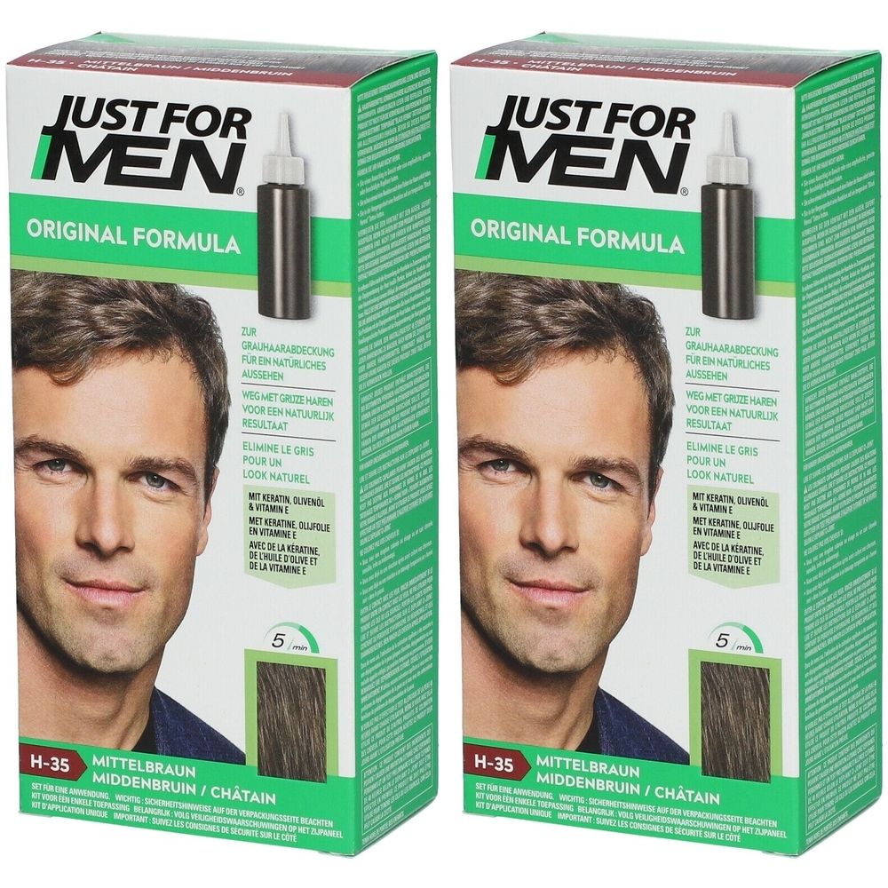 Twee dozen JUST FOR MEN verzorgende kleuring shampoo middenbruin. Groen-witte verpakking met manportret en productafbeelding.