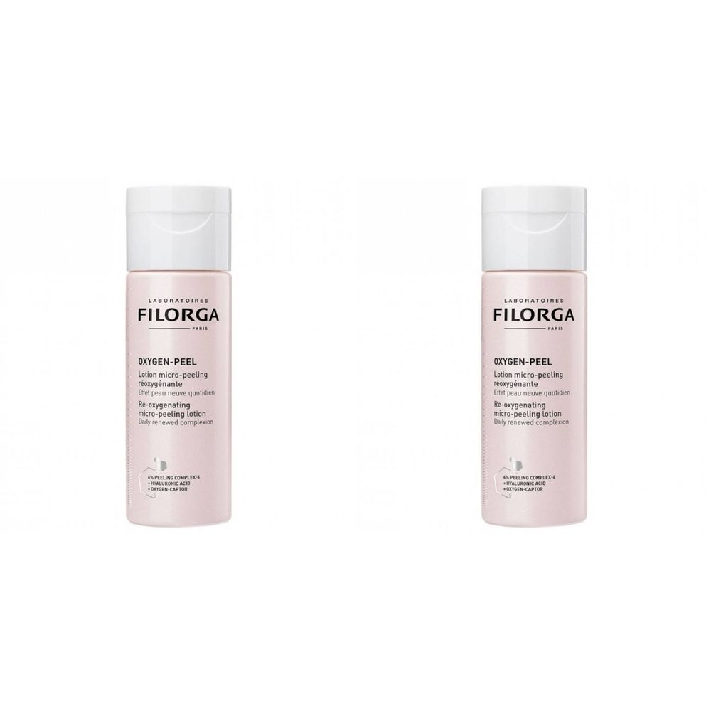 Twee flessen met witte dop en roze etiket. Opschrift: FILORGA, OXYGEN-PEEL.