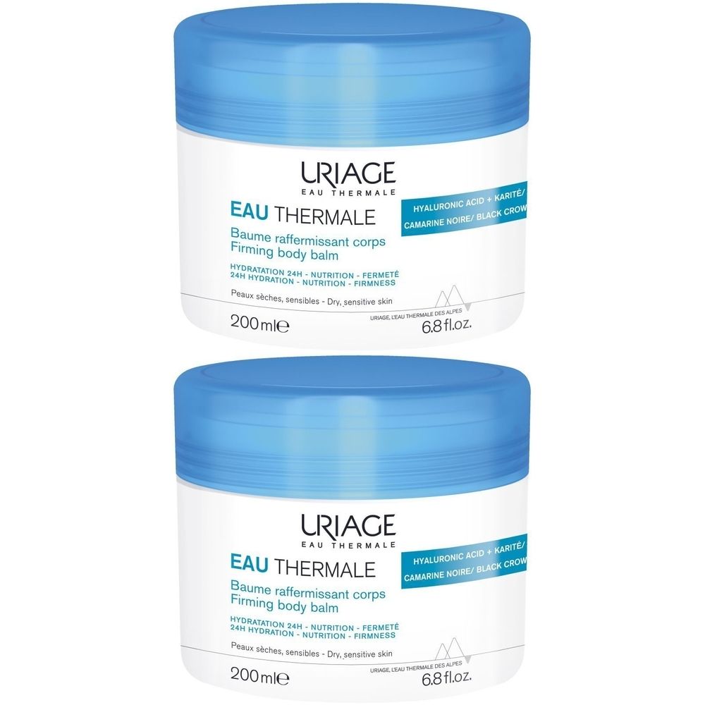 Twee potten Uriage Eau Thermale bodybalsem. Blauwe deksels, witte potten. Tekst: Firming body balm.