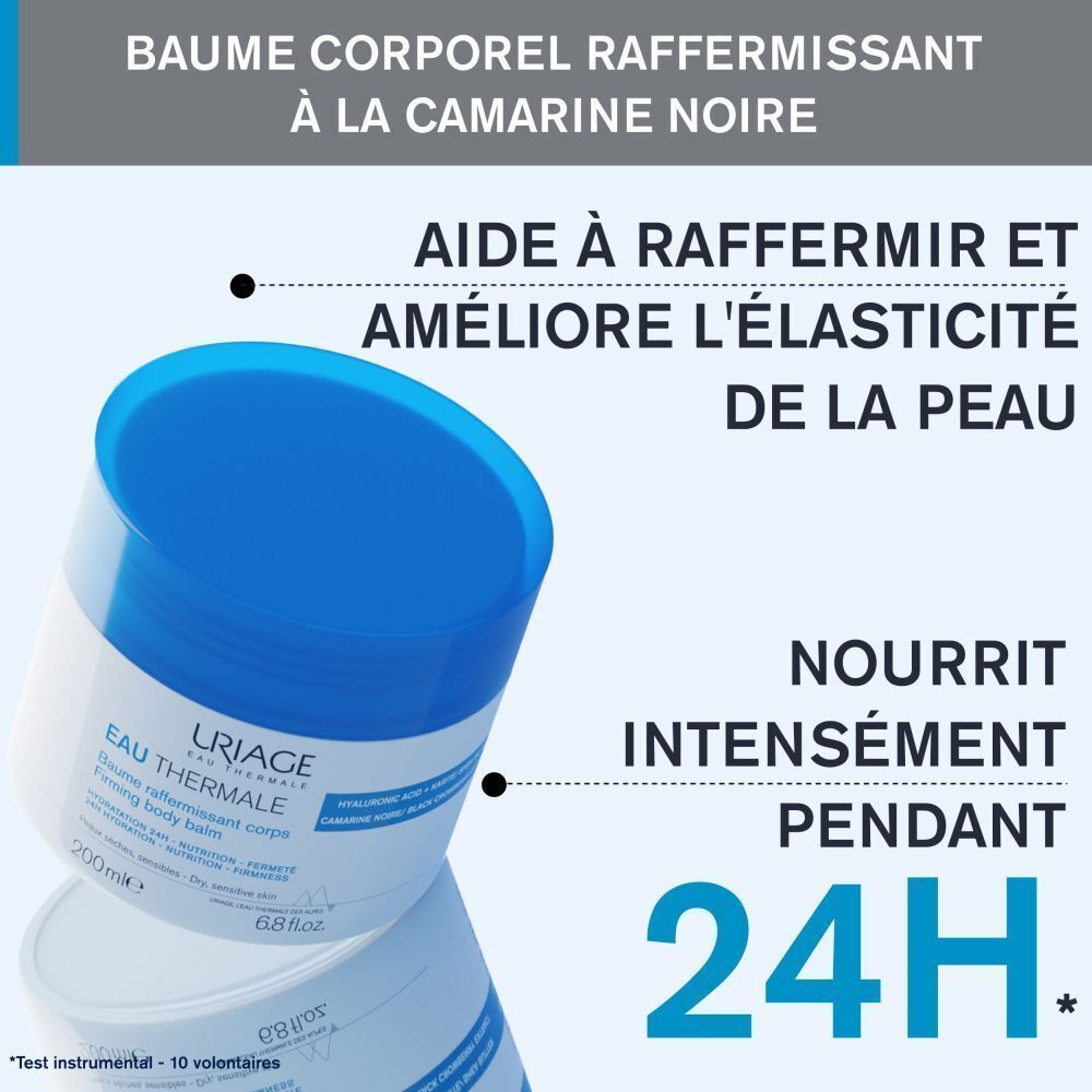 Produit avec texte: Baume corporel raffermissant à la camarine noire. Aide à raffermir et améliorer l'élasticité de la peau.