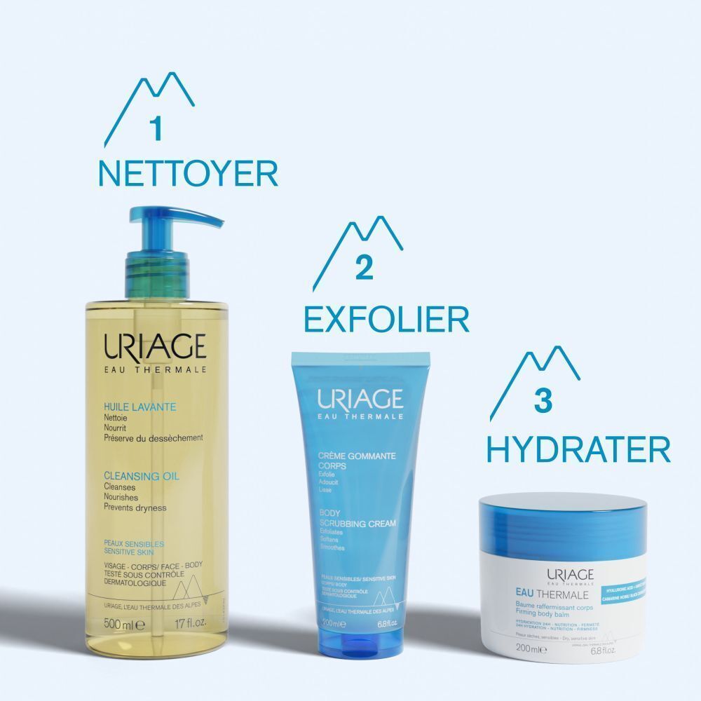 Trois produits: Nettoyer, Exfolier, Hydrater. Produits de la marque Uriage.