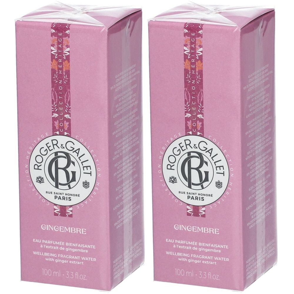 Twee roze dozen van Roger & Gallet. Opschrift Gingembre, Eau Parfumée Bienfaisante. 100 ml.