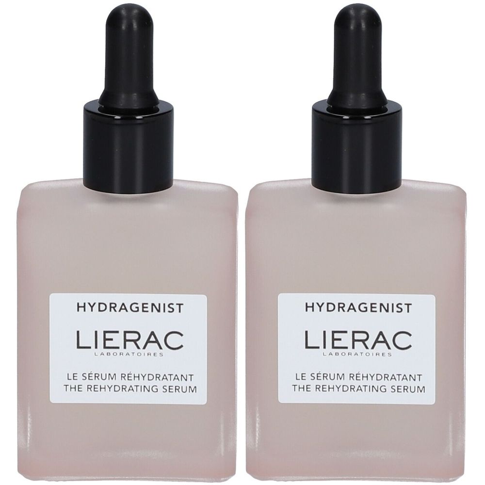 Deux flacons avec bouchon noir et pipette. Étiquette avec "HYDRAGENIST LIERAC". Texte : "LE SERUM REHYDRATANT THE REHYDRATING SERUM".