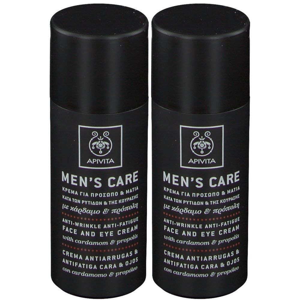 Twee zwarte potjes APIVITA Men's Care anti-rimpel en anti-vermoeidheid crème.