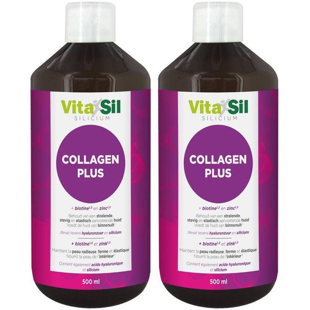 Twee flessen Vita Sil Silicium Collagen Plus. Paars etiket met productnaam en informatie. Flessen met bruine vloeistof.