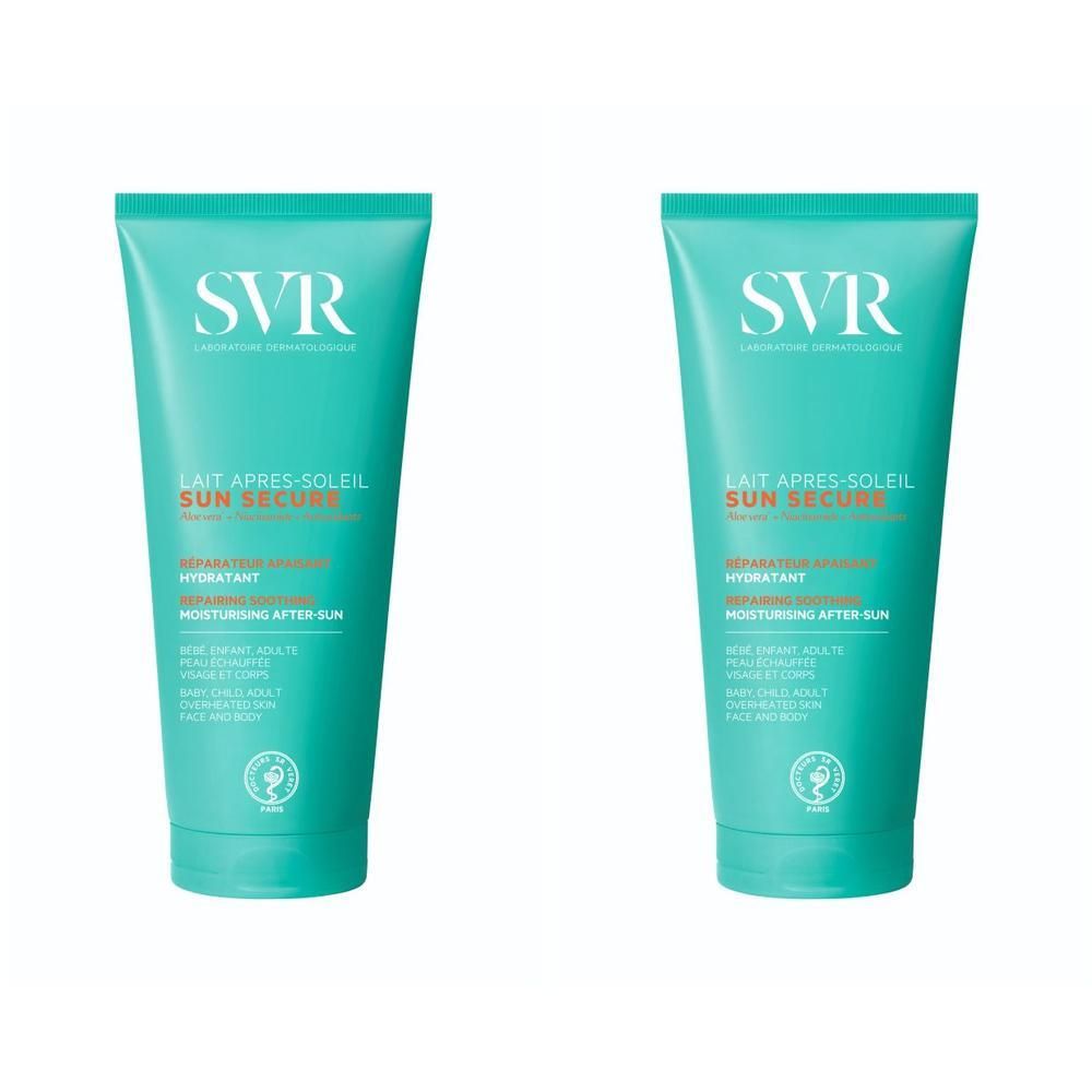 Twee turquoise tubes. Opschrift SVR, Sun Secure, Lait Après-Soleil. Franse tekst. Logo met oor.