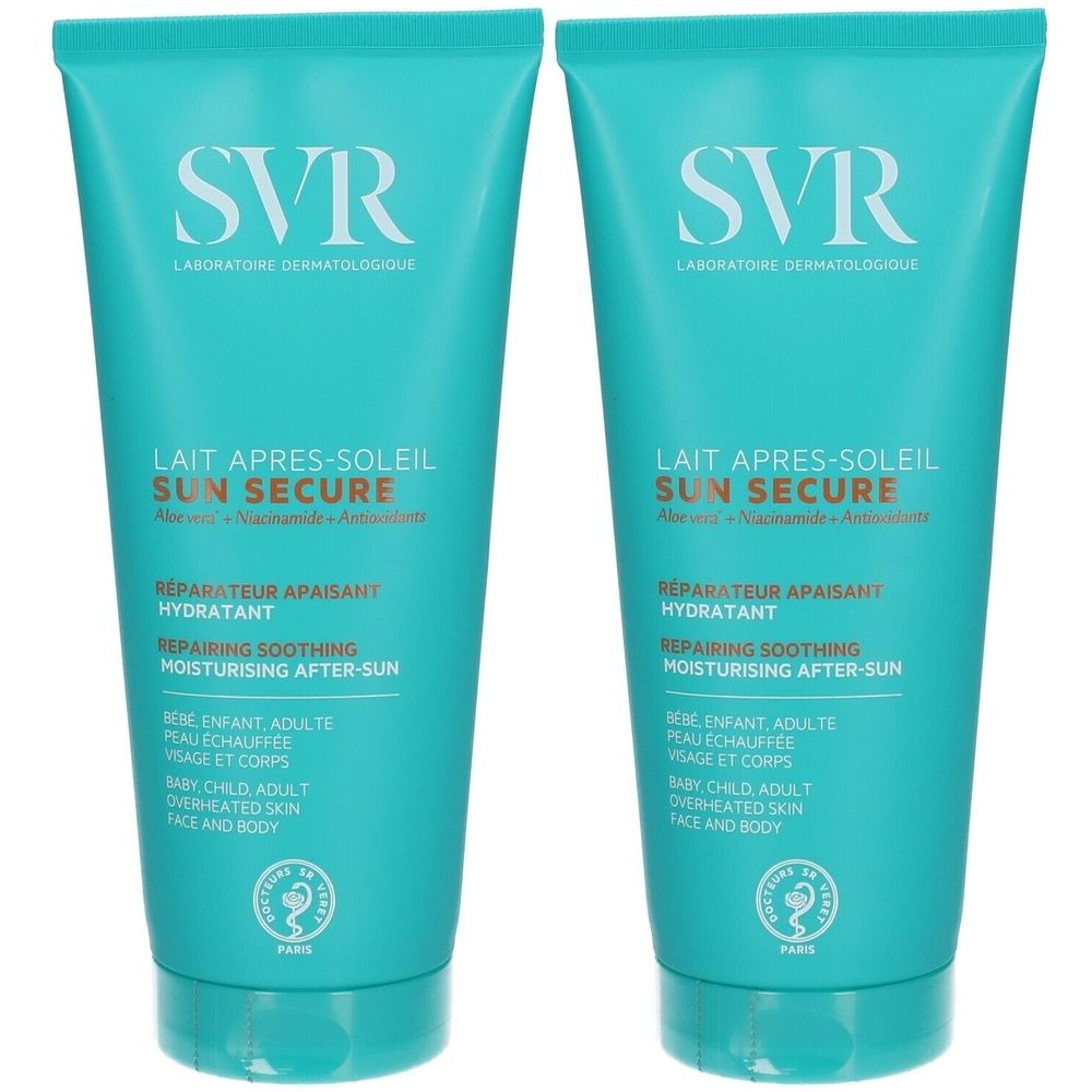 Twee turquoise tubes. Opschrift SVR, Sun Secure, Lait Après-Soleil. Franse tekst. Logo met oor.