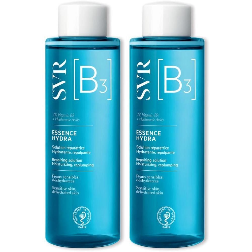 Twee blauwe flessen met witte dop. Opschrift: SVR [B3] Essence Hydra. Bevat 2% Vitamine B3 + Hyaluronzuur.