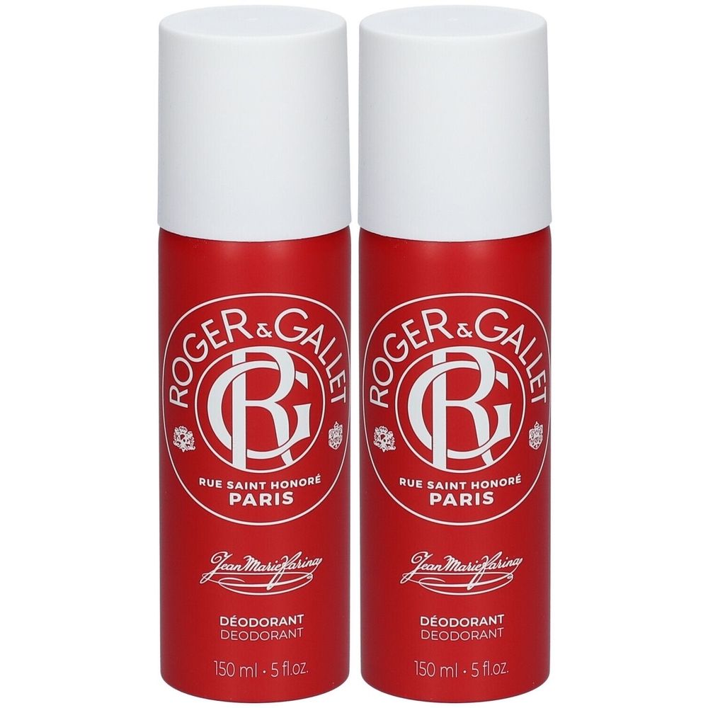 Twee rode deodorant sprays met witte dop. Opschrift: Roger & Gallet, Jean Marie Farina, Déodorant.