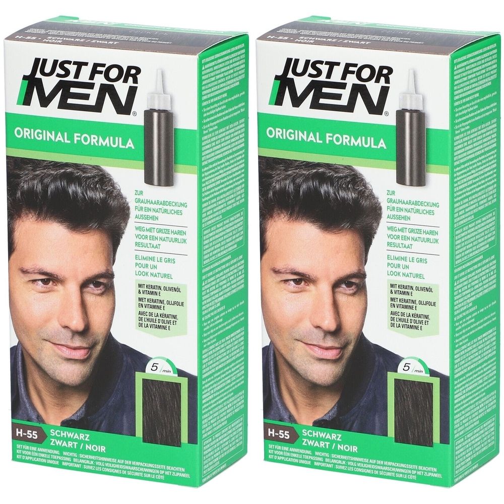 Twee dozen JUST FOR MEN kleurende shampoo. Zwarte haarkleur, man op de verpakking. Original Formula.