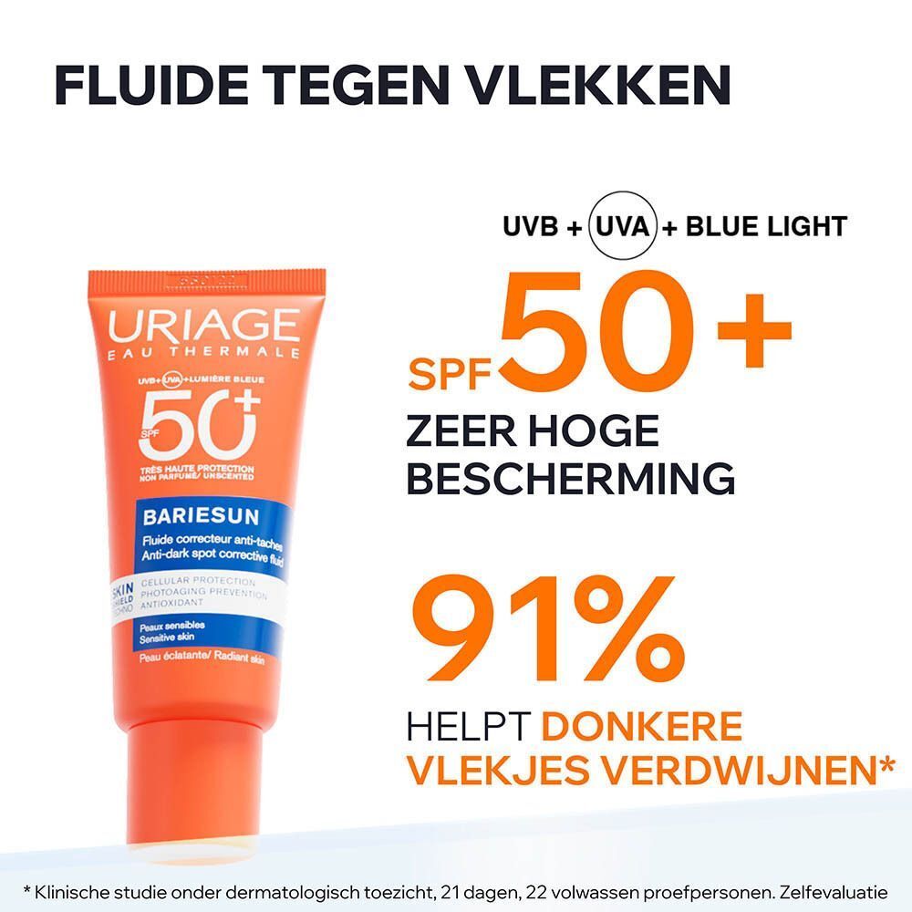 Een tube Uriage Bariésun Fluide Anti-Taches SPF50+ met tekst en logo. Tekst: SPF 50+ Très Haute Protection.