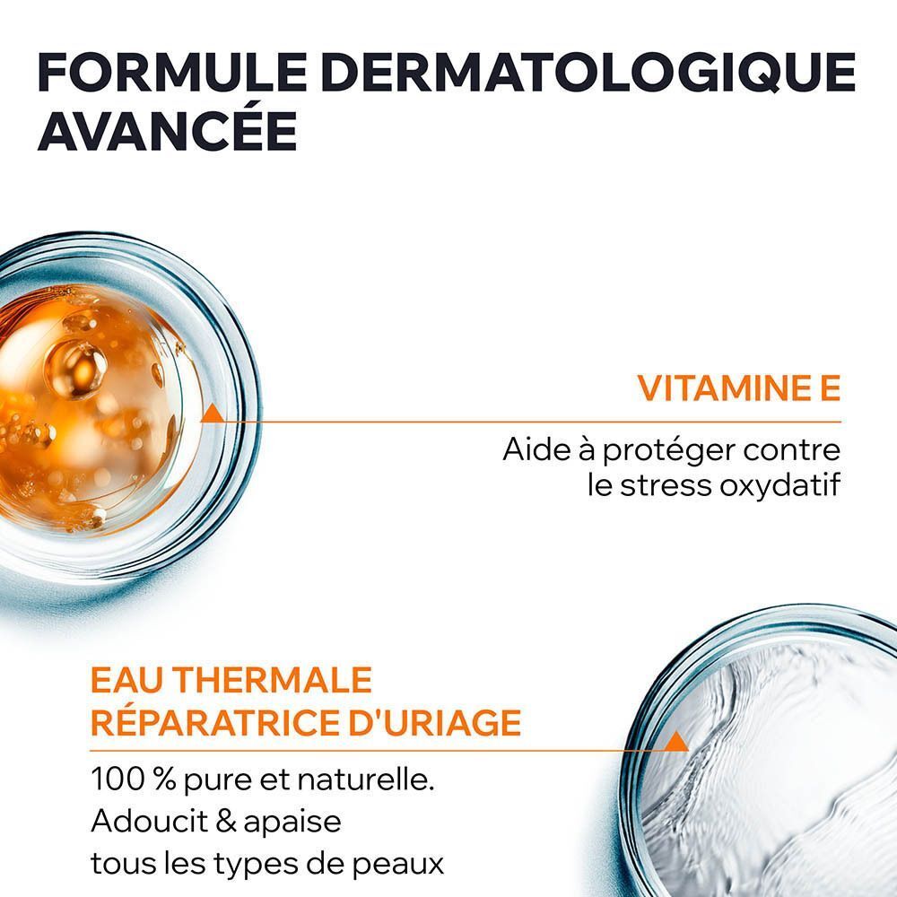 Gros plan sur les ingrédients. Texte: Vitamine E, Eau Thermale Réparatrice d'Uriage.