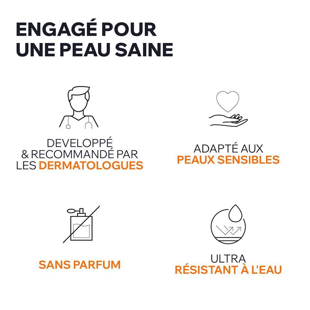 Symboles: Recommandé par les dermatologues, adapté aux peaux sensibles, sans parfum, ultra résistant à l'eau.