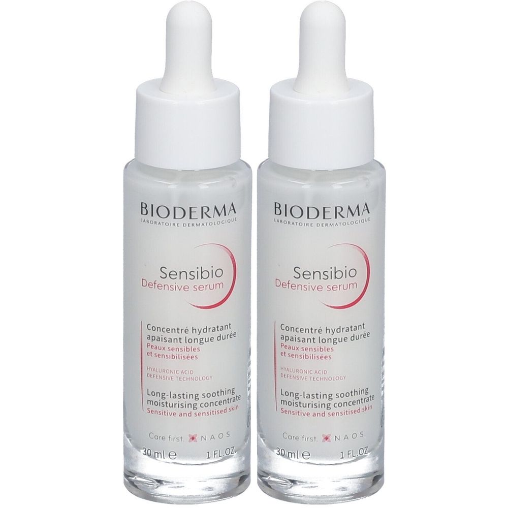 Deux flacons de sérum Bioderma Sensibio Defensive. Flacons blancs avec compte-gouttes. Nom du produit et détails imprimés.