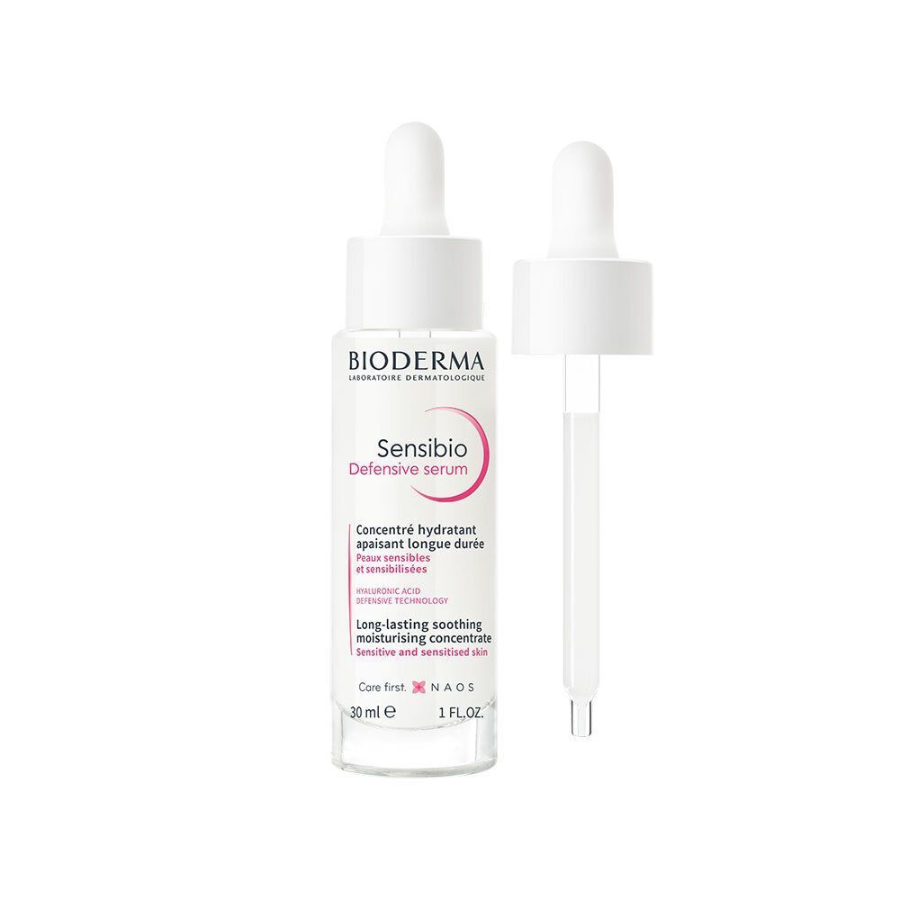 Bioderma Sensibio Defensive Serum. Witte fles met pipet. Productnaam en details. Pipet geopend.
