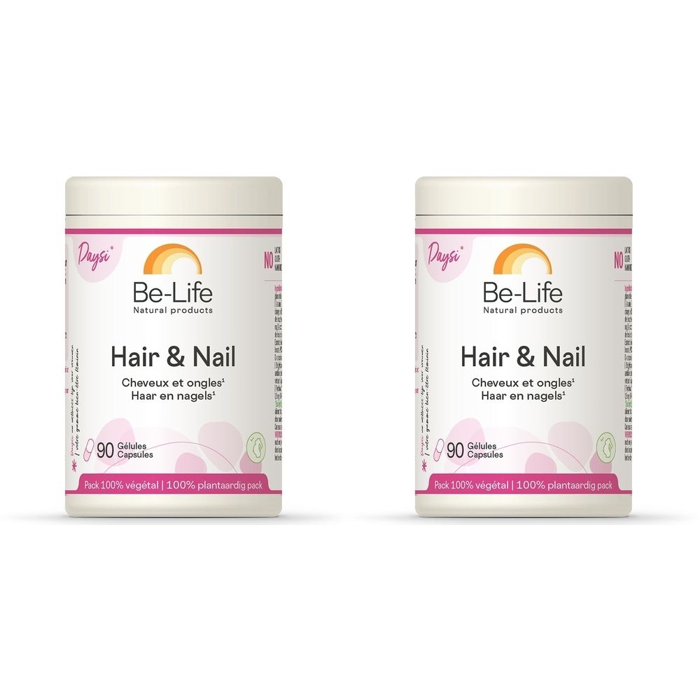 Twee witte potten met "Be-Life Hair & Nail". Opschriften in het Frans, Nederlands en Duits. 90 capsules.