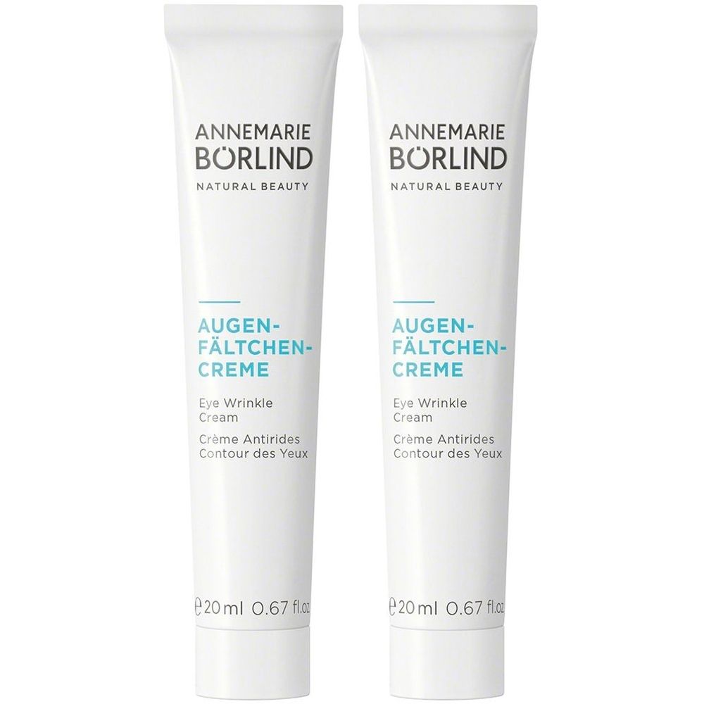 Twee tubes oogcrème. Opschrift: ANNEMARIE BÖRLIND, AUGEN-FÄLTCHEN-CREME, Eye Wrinkle Cream, Crème Antirides.