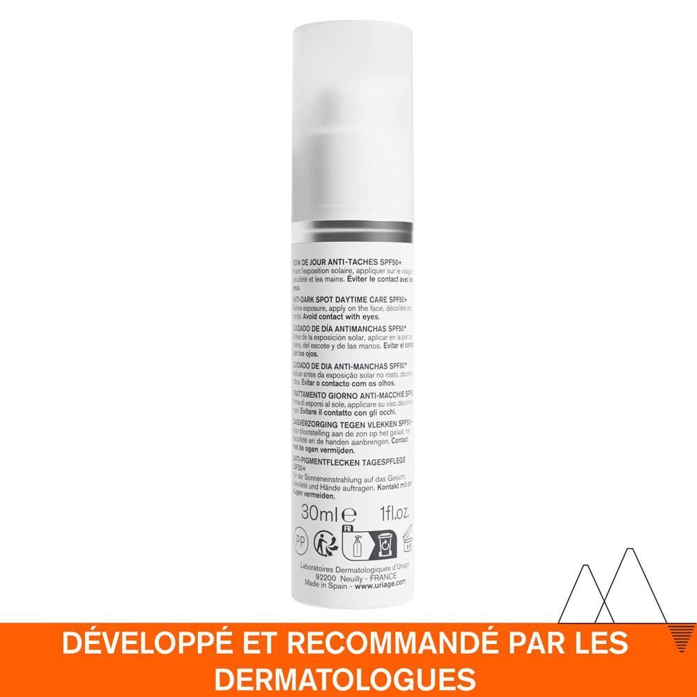 Dos du flacon Uriage Dépiderm SPF50+. Texte: Anti-taches, Anti-taches sombres.