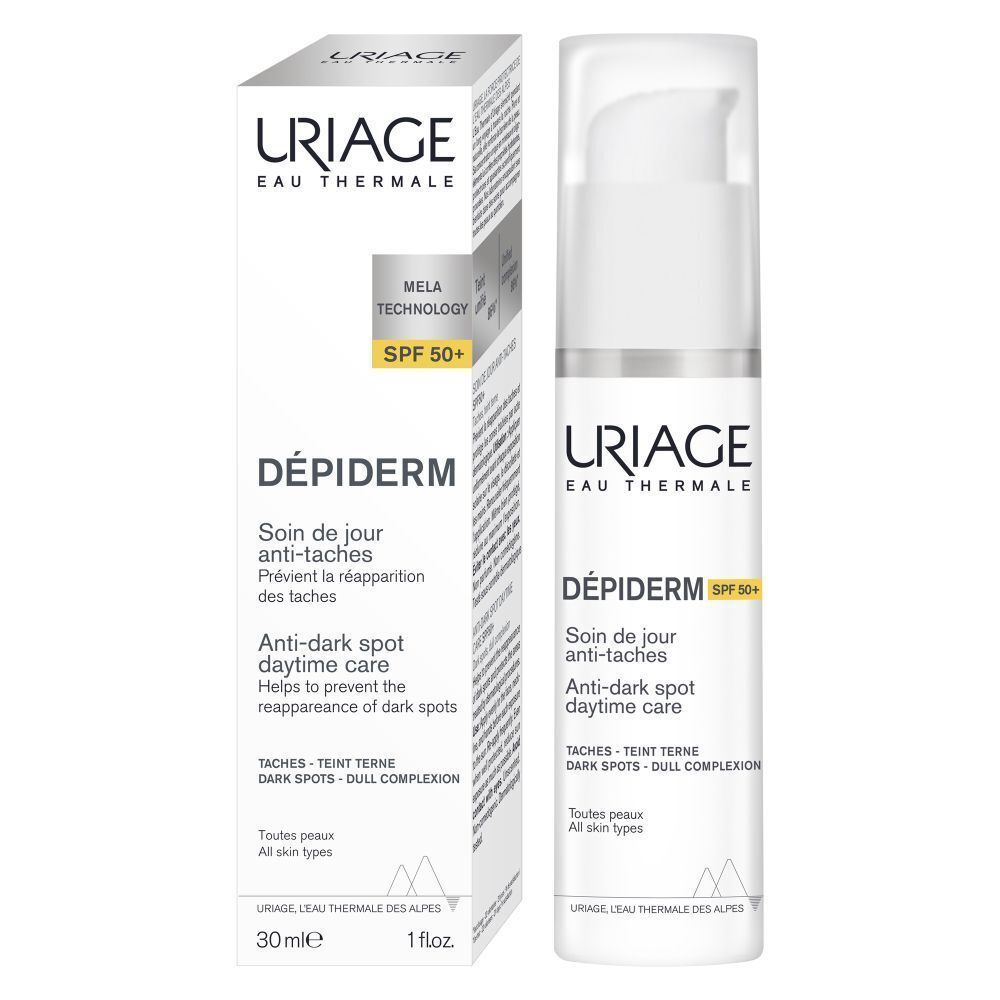 Emballage et flacon Uriage Dépiderm SPF50+. Texte: Anti-taches, Anti-taches sombres.